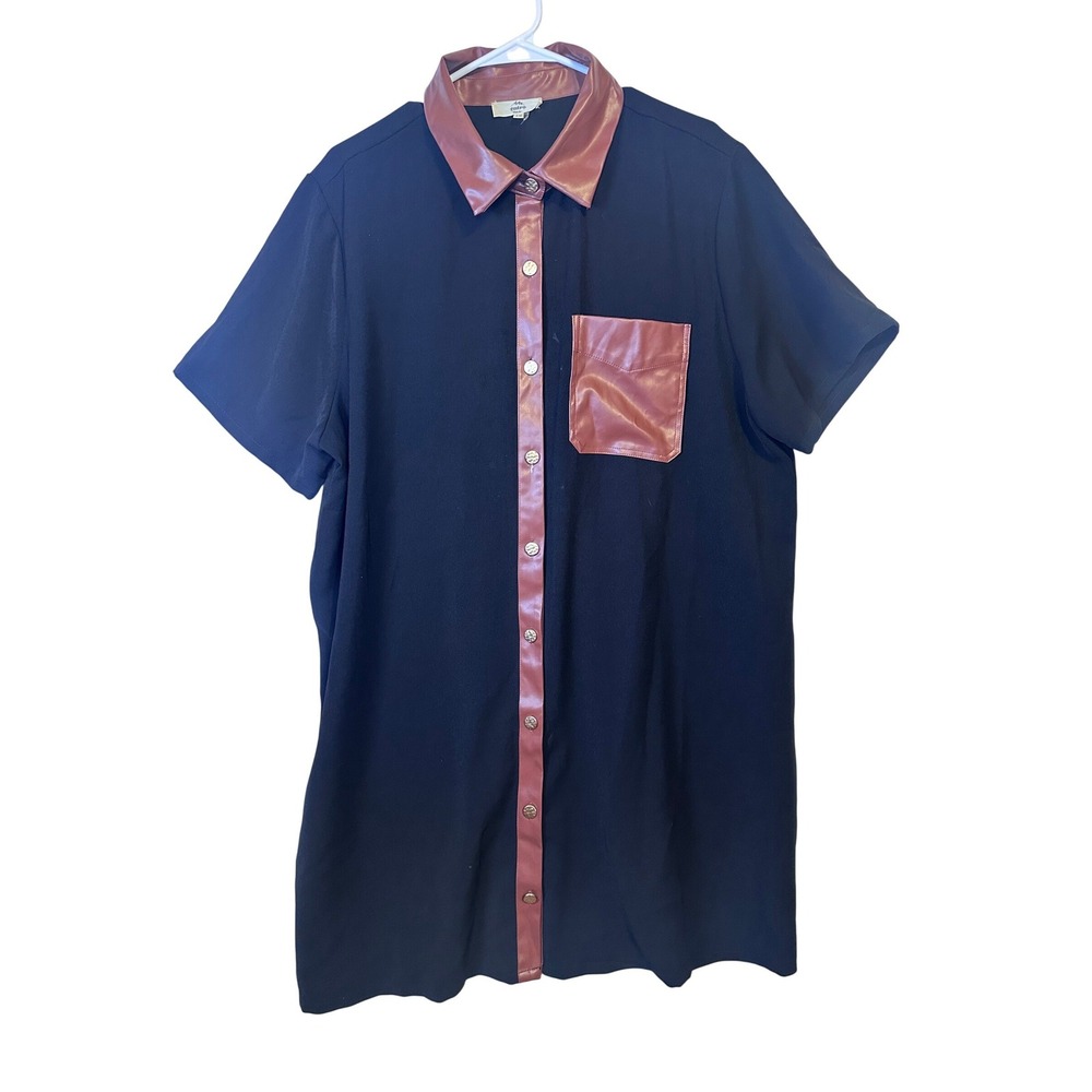 Entro Black Faux Leather Trim Button Front Shirt Dress‎ Size 1X - Picture 2 of 10